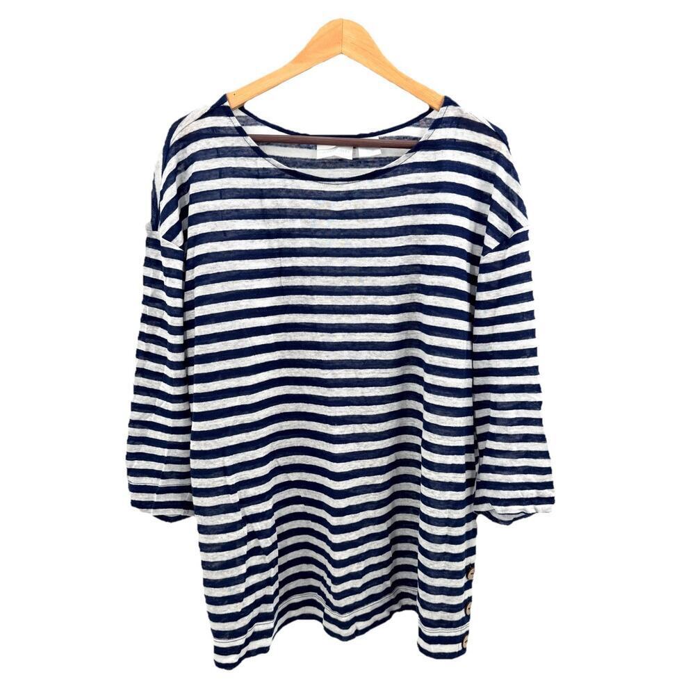 Cynthia Rowley Navy Blue Striped Linen 3/4 Sleeve Tunic Top Womens Large